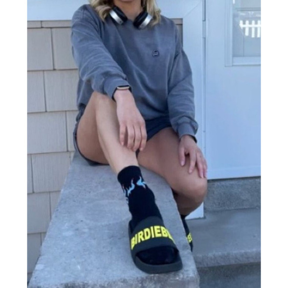 NEW Birdibee Double BB Women's Sz 8 Black Rubber Spellout Slide Pool Sandals NWT - Picture 8 of 8